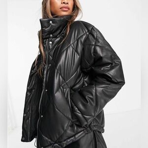 Bershka Faux Leather Oversize Quilted Puffer Jacket in Black